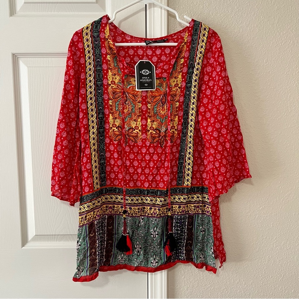 Anandas Collection Boho Tunic Top with Tassel Tie Size Medium NWT